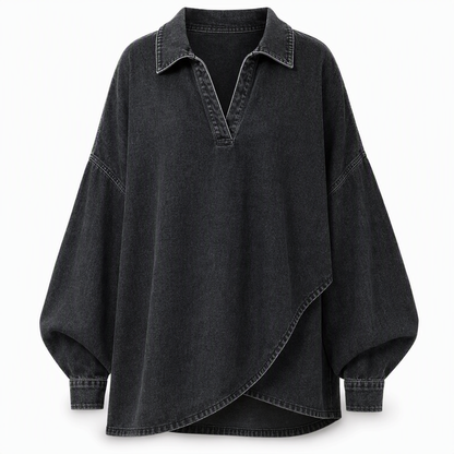 📢📢50%Rabatt!!!🎉✨Lässiges, lockeres Jeans-Pullover-Oberteil für Damen mit V-Ausschnitt, Fledermausärmeln und asymmetrischem Saum
