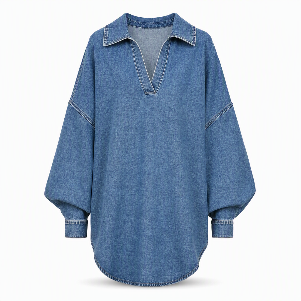 📢📢50%Rabatt!!!🎉✨Lässiges, lockeres Jeans-Pullover-Oberteil für Damen mit V-Ausschnitt, Fledermausärmeln und asymmetrischem Saum