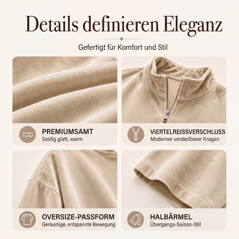📢🎉50%Rabatt!!!🛍️✨Samt-Oberteil mit 3/4-Ärmeln und Halb-Reißverschluss für Damen
