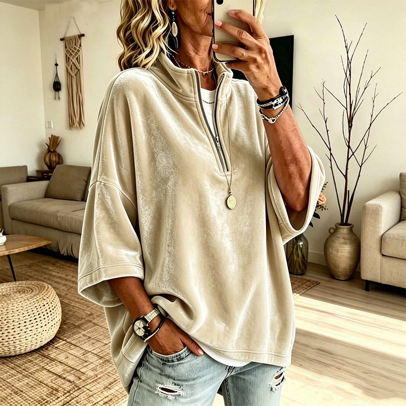 📢🎉50%Rabatt!!!🛍️✨Samt-Oberteil mit 3/4-Ärmeln und Halb-Reißverschluss für Damen