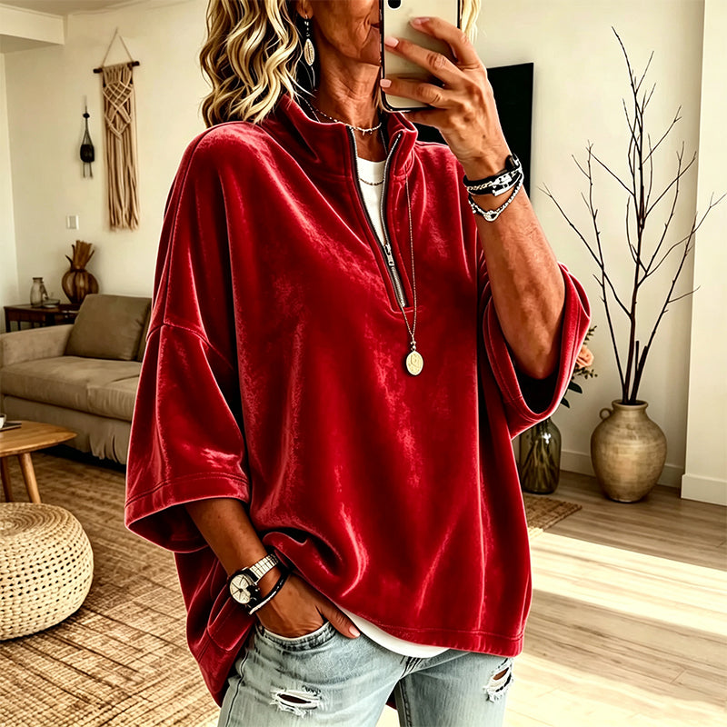 📢🎉50%Rabatt!!!🛍️✨Samt-Oberteil mit 3/4-Ärmeln und Halb-Reißverschluss für Damen