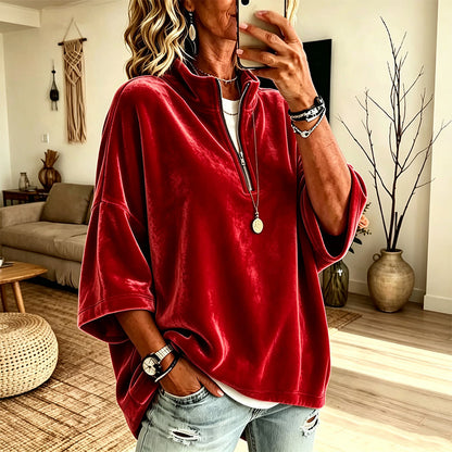 📢🎉50%Rabatt!!!🛍️✨Samt-Oberteil mit 3/4-Ärmeln und Halb-Reißverschluss für Damen
