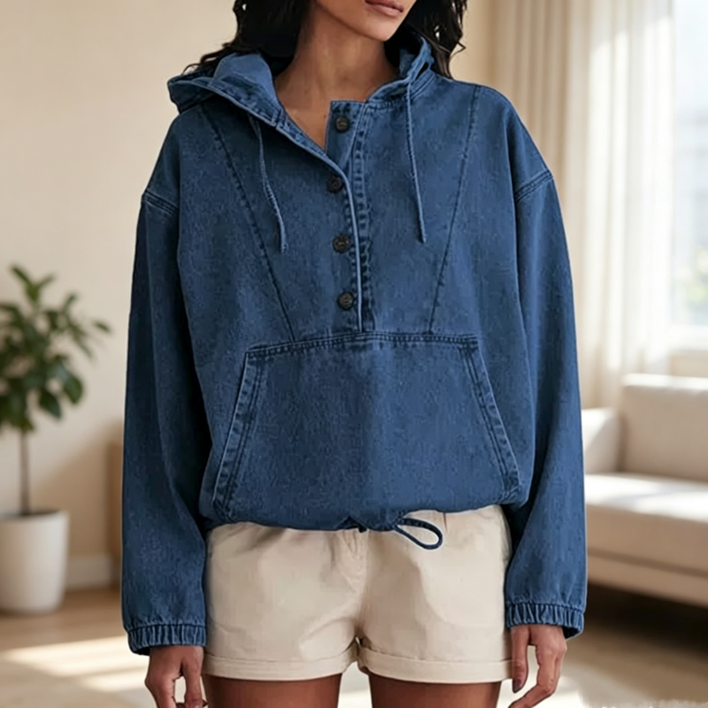 📢📢50% Rabatt!!! 🎉✨ Legere Jeans-Kapuzenjacke mit Knopfleiste für Damen
