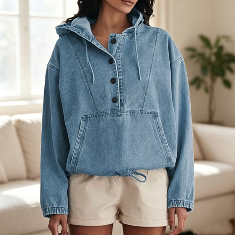📢📢50% Rabatt!!! 🎉✨ Legere Jeans-Kapuzenjacke mit Knopfleiste für Damen
