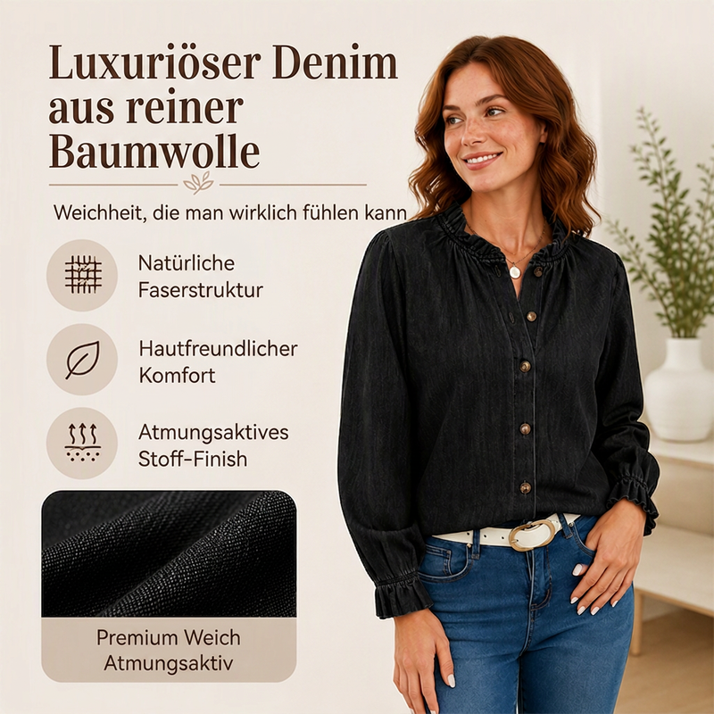 📢🎉50%Rabatt!!!🛍️✨Elegantes Jeanshemd mit Rüschen-Stehkragen für Damen