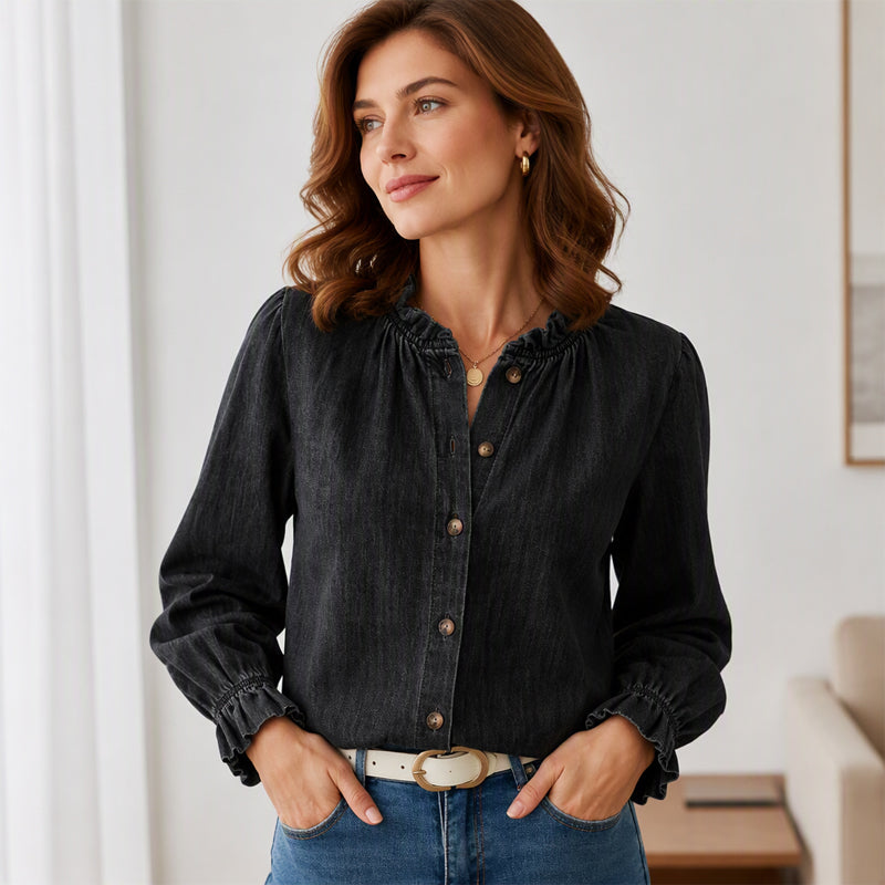 📢🎉50%Rabatt!!!🛍️✨Elegantes Jeanshemd mit Rüschen-Stehkragen für Damen