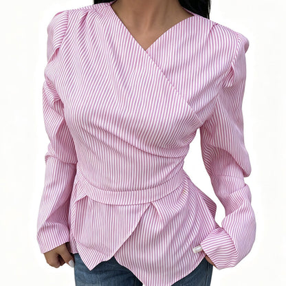 📢📢50% Rabatt!!! 🎉✨ Damen-Casual-Wickeloberteil mit Streifen & V-Ausschnitt