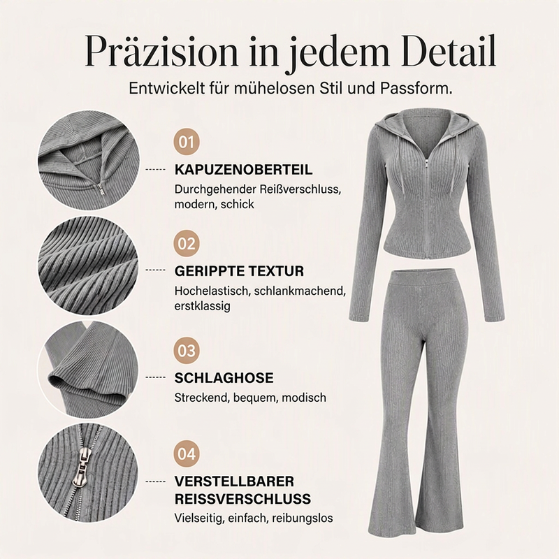 📢📢50% Rabatt!!! 🎉✨ Damen-Set aus gerippter Kapuzenjacke mit Reißverschluss & Schlaghose