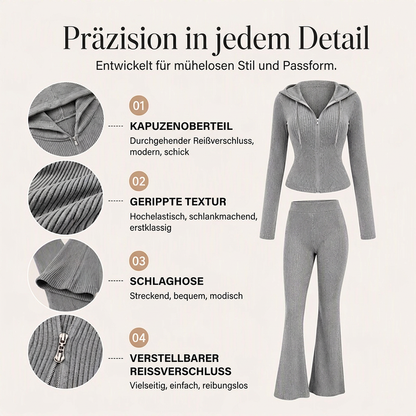 📢📢50% Rabatt!!! 🎉✨ Damen-Set aus gerippter Kapuzenjacke mit Reißverschluss & Schlaghose