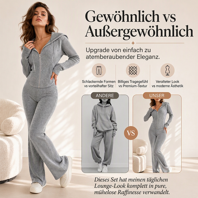 📢📢50% Rabatt!!! 🎉✨ Damen-Set aus gerippter Kapuzenjacke mit Reißverschluss & Schlaghose