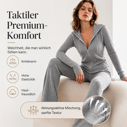📢📢50% Rabatt!!! 🎉✨ Damen-Set aus gerippter Kapuzenjacke mit Reißverschluss & Schlaghose