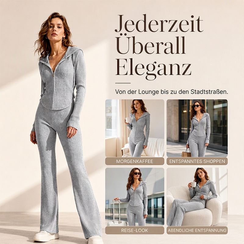 📢📢50% Rabatt!!! 🎉✨ Damen-Set aus gerippter Kapuzenjacke mit Reißverschluss & Schlaghose