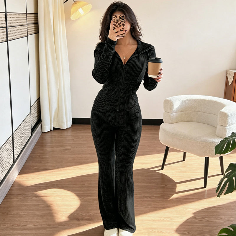📢📢50% Rabatt!!! 🎉✨ Damen-Set aus gerippter Kapuzenjacke mit Reißverschluss & Schlaghose
