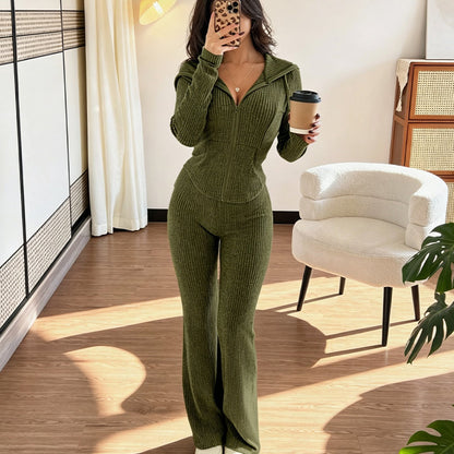 📢📢50% Rabatt!!! 🎉✨ Damen-Set aus gerippter Kapuzenjacke mit Reißverschluss & Schlaghose