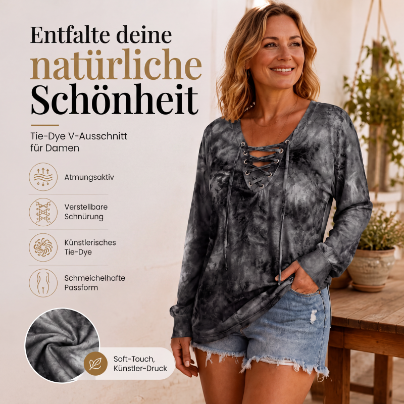 Damen-Oberteil mit Batikmuster und Schnürung am V-Ausschnitt
