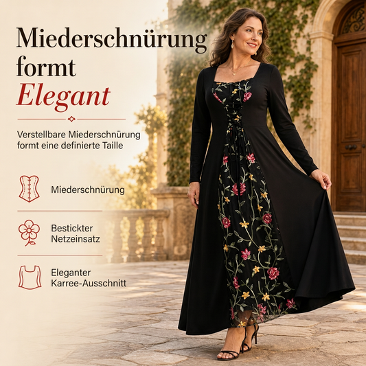 📢📢50% Rabatt!!! 🎉✨ Schwarzes langärmeliges Corset-Maxikleid – quadratischer Ausschnitt, Schnürung & floral bestickter Netzeinsatz