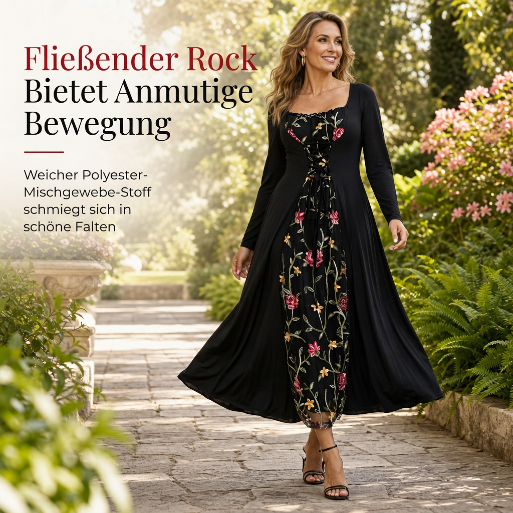📢📢50% Rabatt!!! 🎉✨ Schwarzes langärmeliges Corset-Maxikleid – quadratischer Ausschnitt, Schnürung & floral bestickter Netzeinsatz