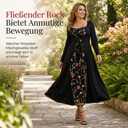 📢📢50% Rabatt!!! 🎉✨ Schwarzes langärmeliges Corset-Maxikleid – quadratischer Ausschnitt, Schnürung & floral bestickter Netzeinsatz
