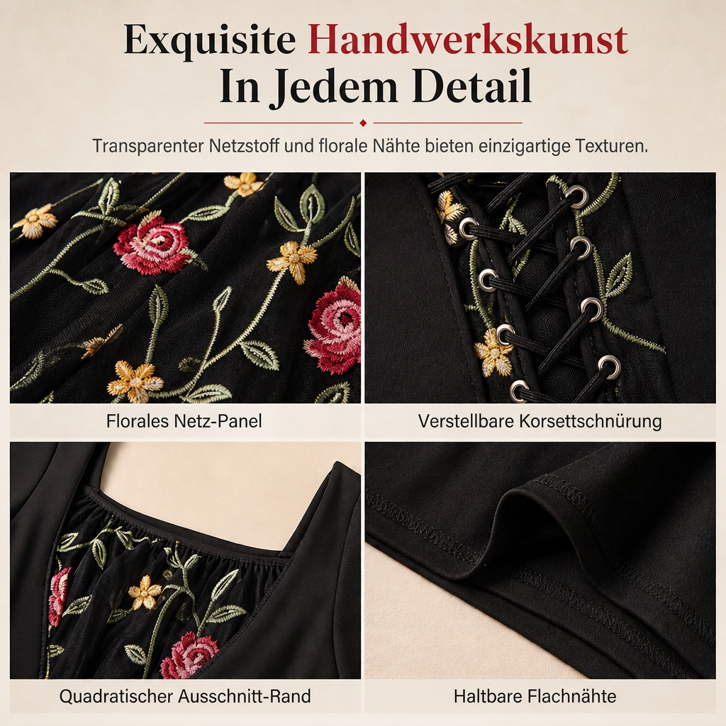📢📢50% Rabatt!!! 🎉✨ Schwarzes langärmeliges Corset-Maxikleid – quadratischer Ausschnitt, Schnürung & floral bestickter Netzeinsatz