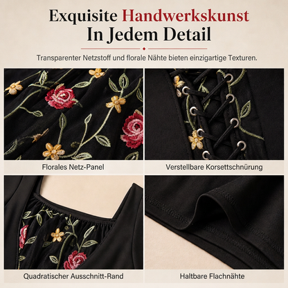 📢📢50% Rabatt!!! 🎉✨ Schwarzes langärmeliges Corset-Maxikleid – quadratischer Ausschnitt, Schnürung & floral bestickter Netzeinsatz