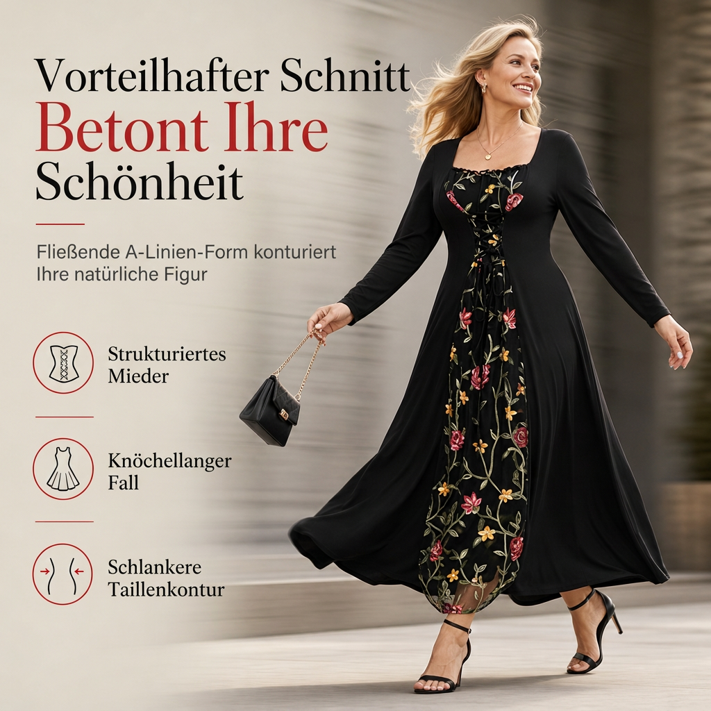 📢📢50% Rabatt!!! 🎉✨ Schwarzes langärmeliges Corset-Maxikleid – quadratischer Ausschnitt, Schnürung & floral bestickter Netzeinsatz