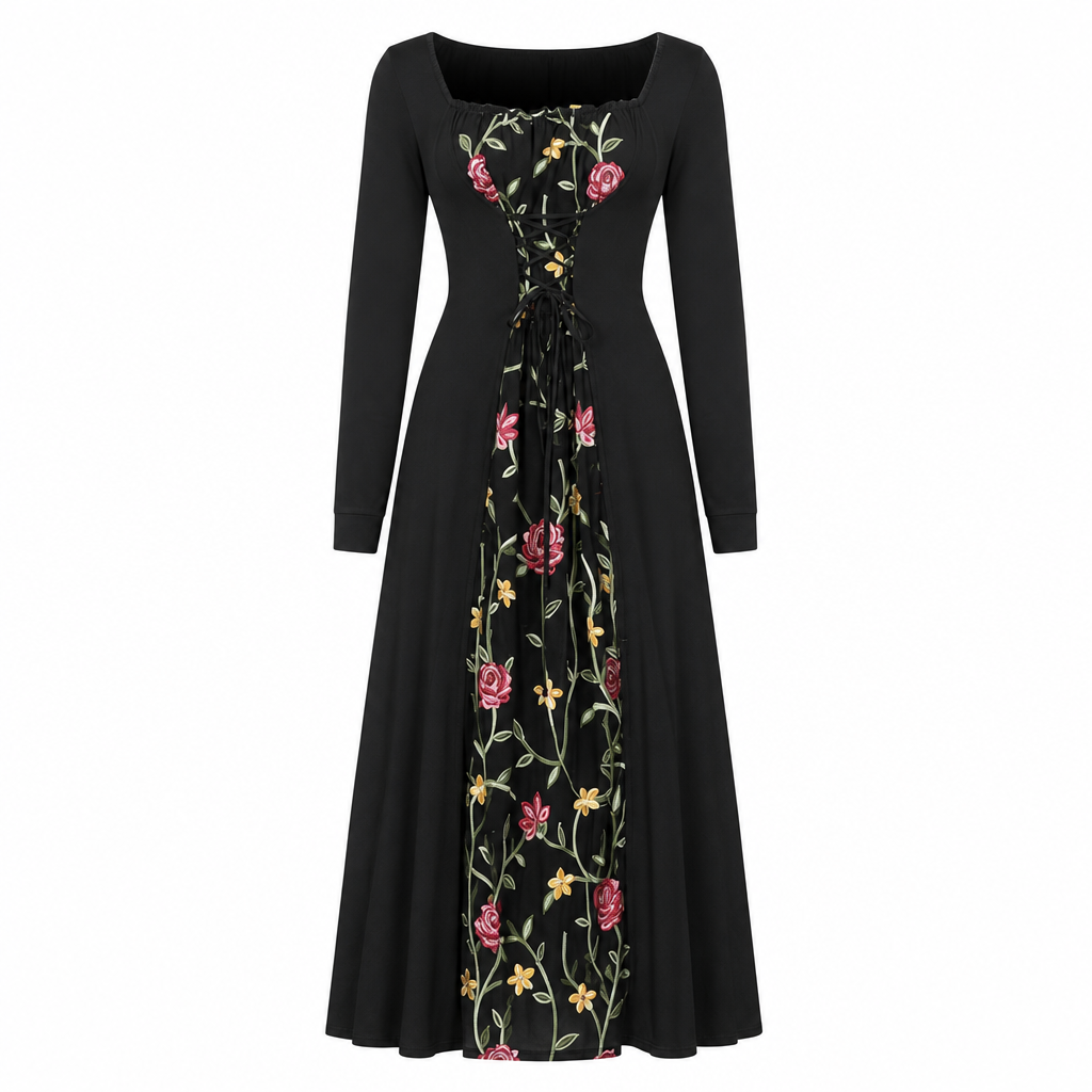 📢📢50% Rabatt!!! 🎉✨ Schwarzes langärmeliges Corset-Maxikleid – quadratischer Ausschnitt, Schnürung & floral bestickter Netzeinsatz