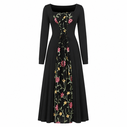📢📢50% Rabatt!!! 🎉✨ Schwarzes langärmeliges Corset-Maxikleid – quadratischer Ausschnitt, Schnürung & floral bestickter Netzeinsatz