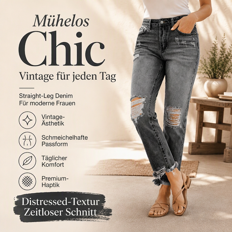 Damen-Jeans im Retrostil, used-Look mit Rissen