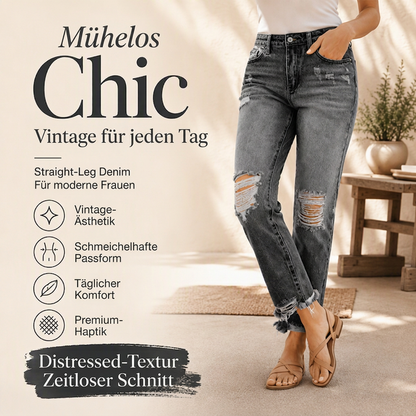 Damen-Jeans im Retrostil, used-Look mit Rissen