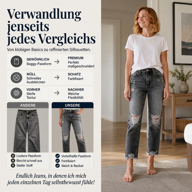 Damen-Jeans im Retrostil, used-Look mit Rissen