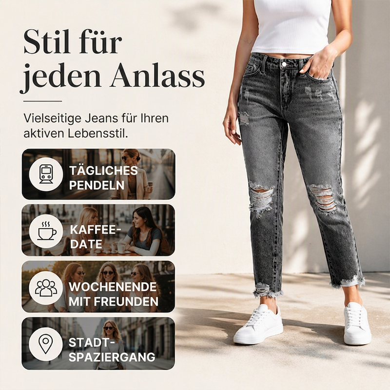 Damen-Jeans im Retrostil, used-Look mit Rissen