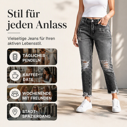 Damen-Jeans im Retrostil, used-Look mit Rissen