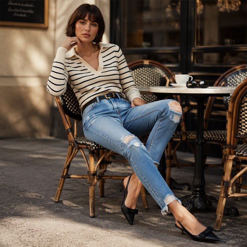Damen-Jeans im Retrostil, used-Look mit Rissen