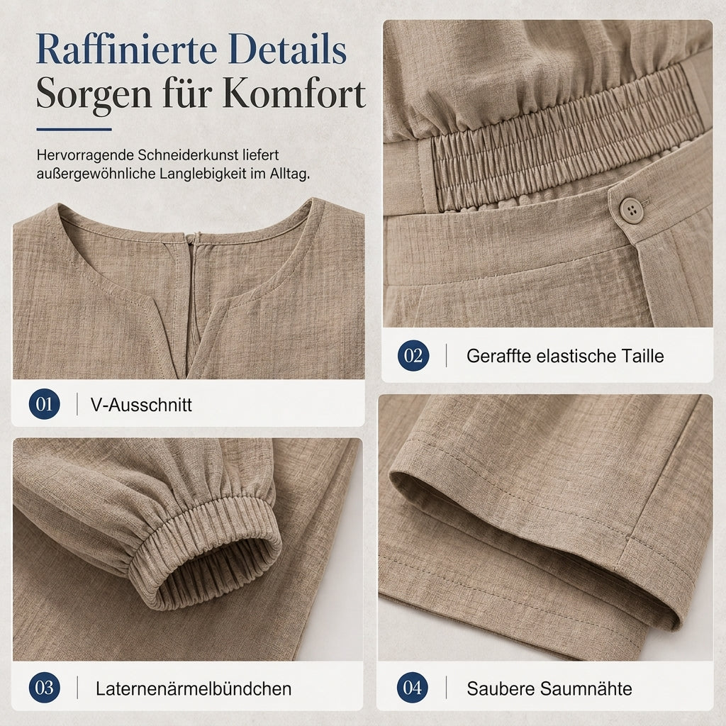 📢📢50%Rabatt!!!🎉✨Zweiteiler für Damen: Lässiges V-Ausschnitt-Crop-Top mit Laternenärmeln & Weite Hose mit hoher Taille