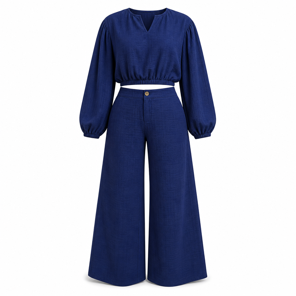 📢📢50%Rabatt!!!🎉✨Zweiteiler für Damen: Lässiges V-Ausschnitt-Crop-Top mit Laternenärmeln & Weite Hose mit hoher Taille