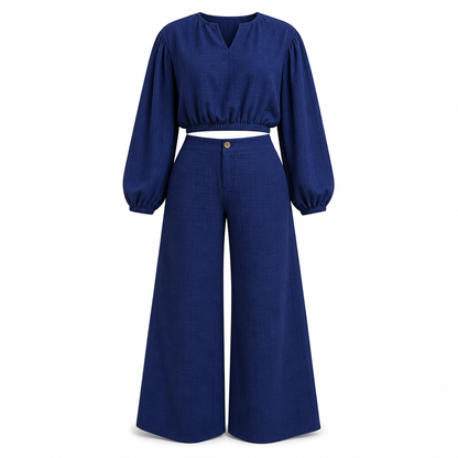 📢📢50%Rabatt!!!🎉✨Zweiteiler für Damen: Lässiges V-Ausschnitt-Crop-Top mit Laternenärmeln & Weite Hose mit hoher Taille