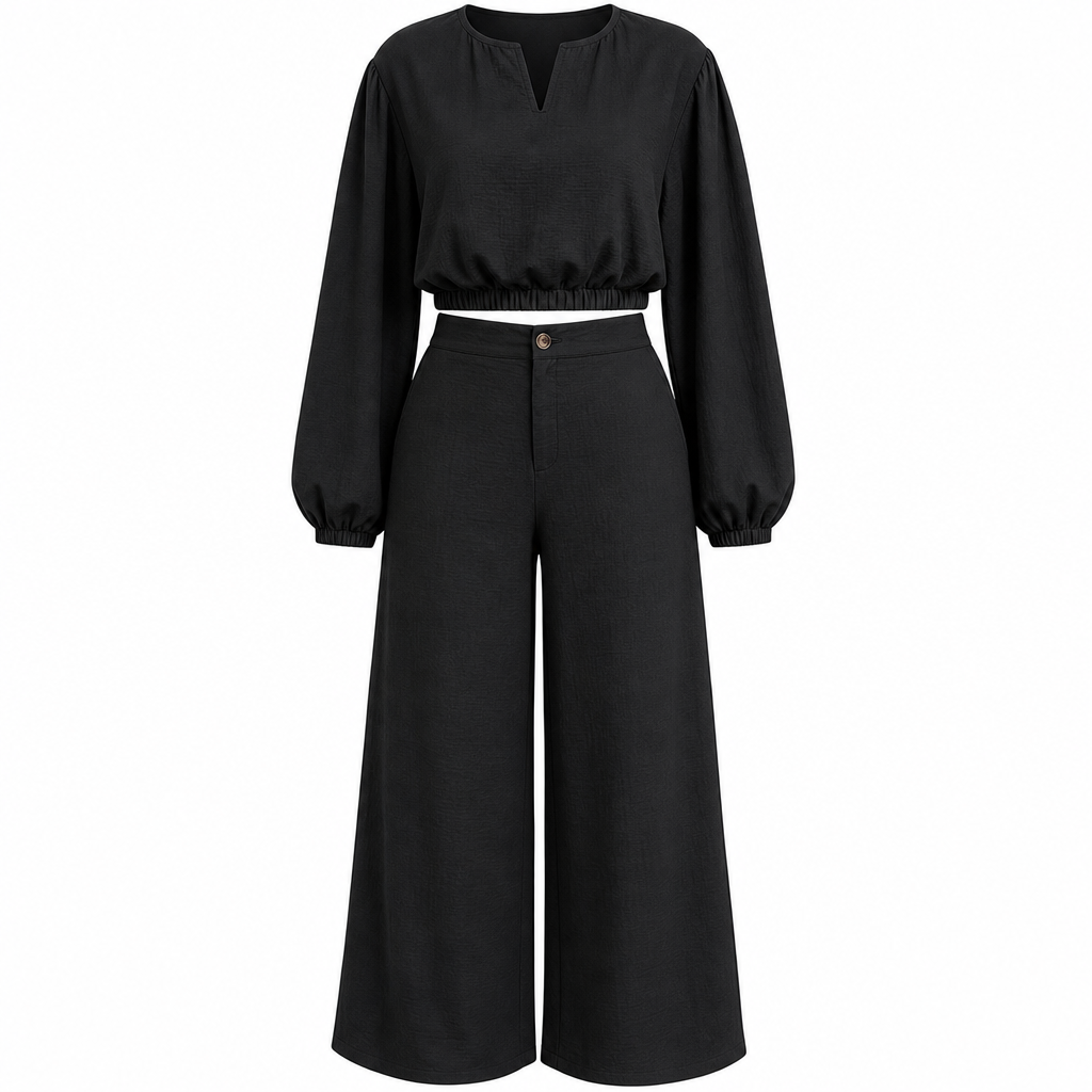 📢📢50%Rabatt!!!🎉✨Zweiteiler für Damen: Lässiges V-Ausschnitt-Crop-Top mit Laternenärmeln & Weite Hose mit hoher Taille