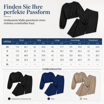 📢📢50%Rabatt!!!🎉✨Zweiteiler für Damen: Lässiges V-Ausschnitt-Crop-Top mit Laternenärmeln & Weite Hose mit hoher Taille