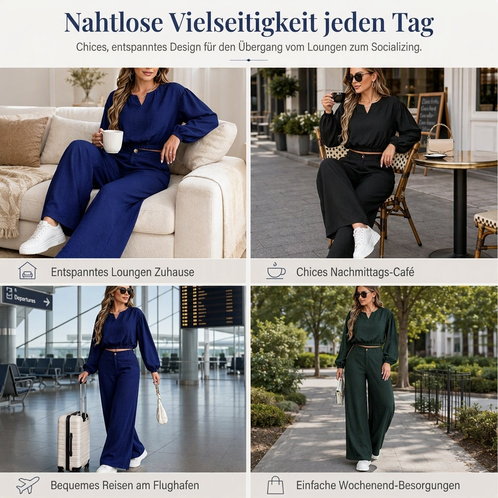 📢📢50%Rabatt!!!🎉✨Zweiteiler für Damen: Lässiges V-Ausschnitt-Crop-Top mit Laternenärmeln & Weite Hose mit hoher Taille
