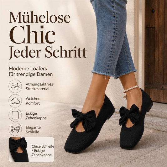 Flache Strick-Ballerinas mit Schleife und eckiger Zehenpartie für Damen