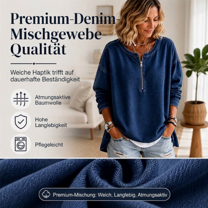 📢🎉50%Rabatt!!!🛍️✨Jeans-Pullover mit halbem Reißverschluss und langen Ärmeln für Damen