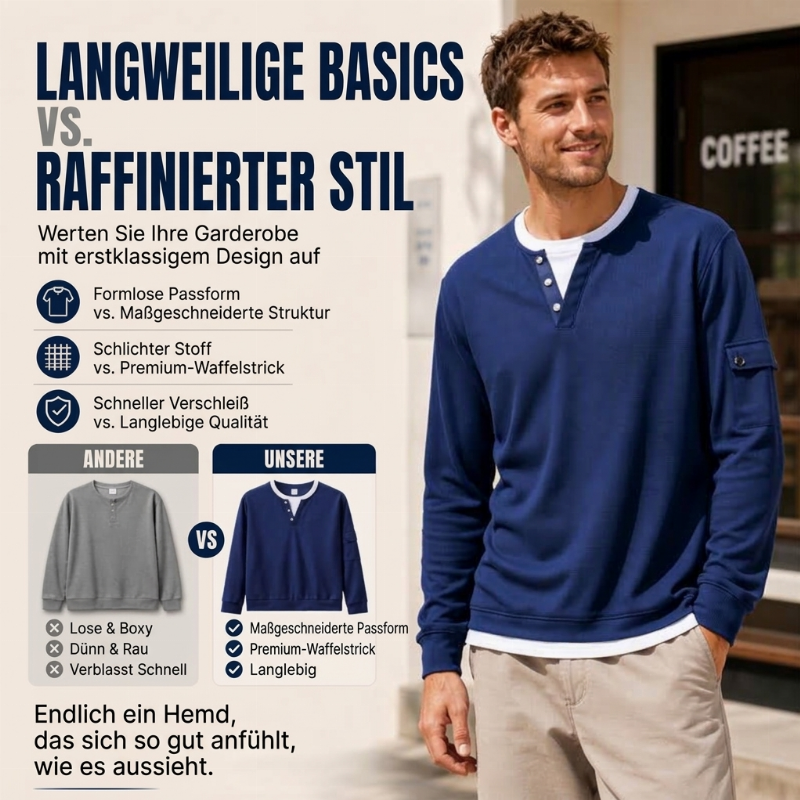 📢📢50%Rabatt!!!🎉✨Herren-Henley-Oberteil aus Waffelstrick im Fake-Layer-Look – Moderner Layer-Look, weicher Waffelstrick & vielseitig kombinierbar – Bequemer Sitz & perfekt für Alltag, Büro & Freizeit – Jetzt -50%!