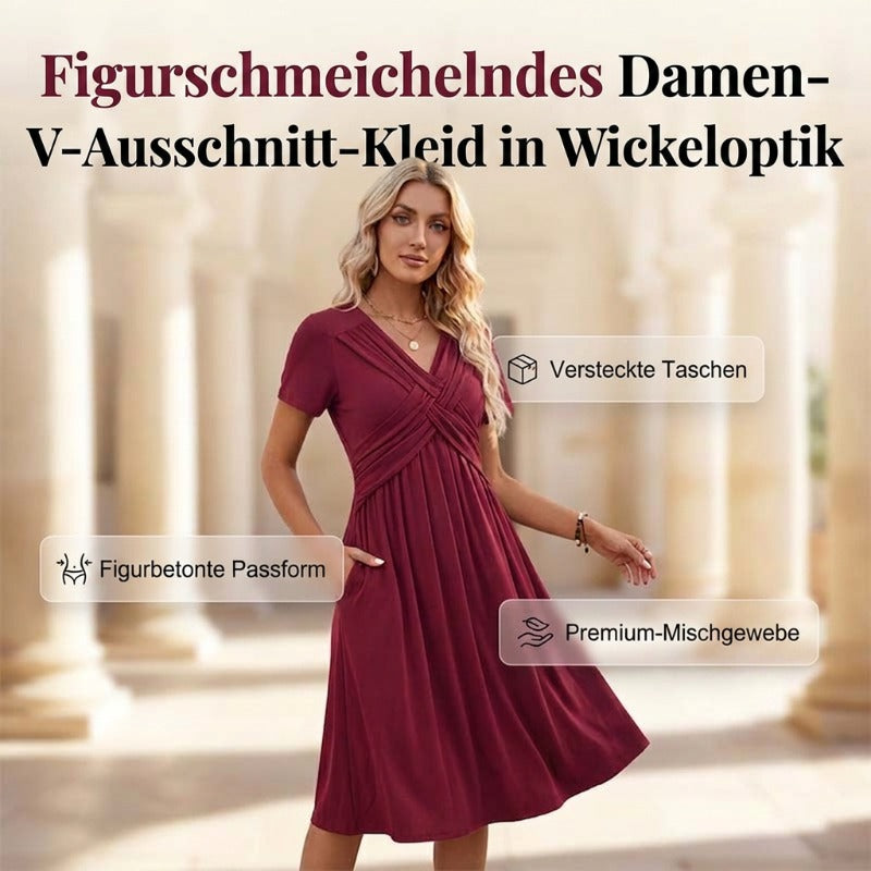 ✨ Kleid mit V-Ausschnitt & Cross-Front Design – leichter, fließender Stoff mit Falten – figurschmeichelnd & knitterarm