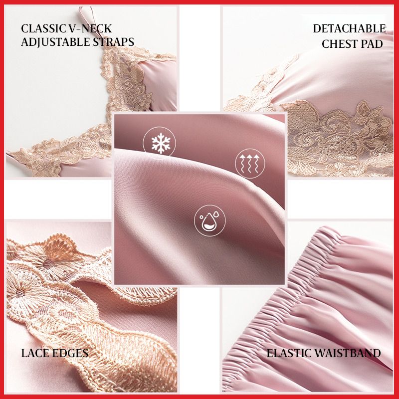 Weiche bequeme Eis Seide Spitze Pyjamas 2/5-teiliges Set