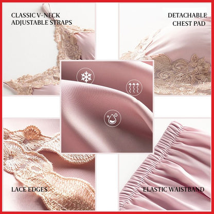 Weiche bequeme Eis Seide Spitze Pyjamas 2/5-teiliges Set